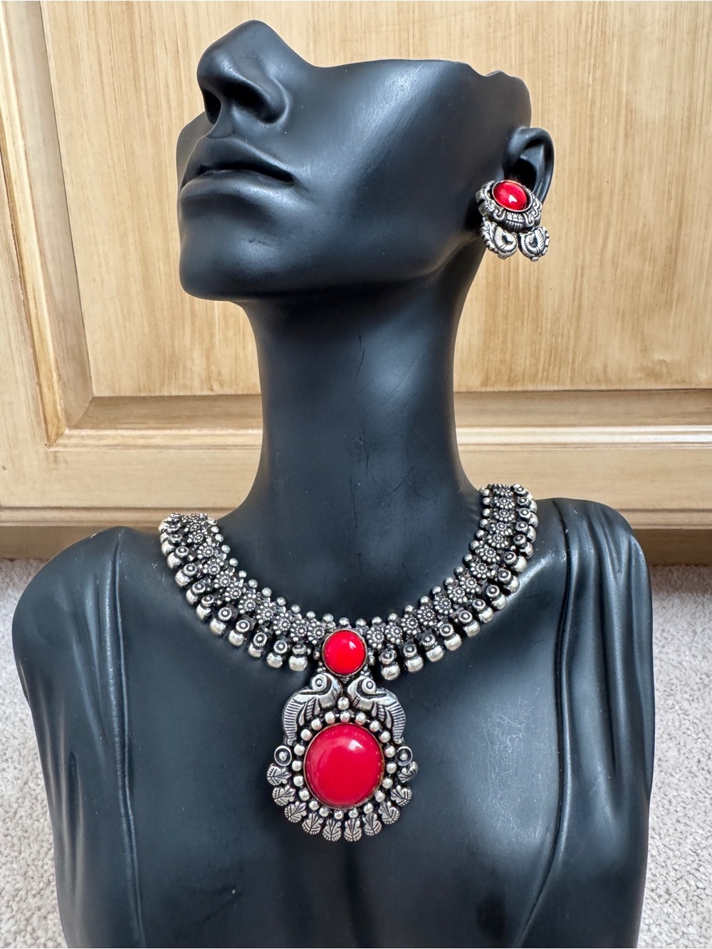 Red Stone Oxidized Silver Necklace & Earrings Set - Women Jewelry